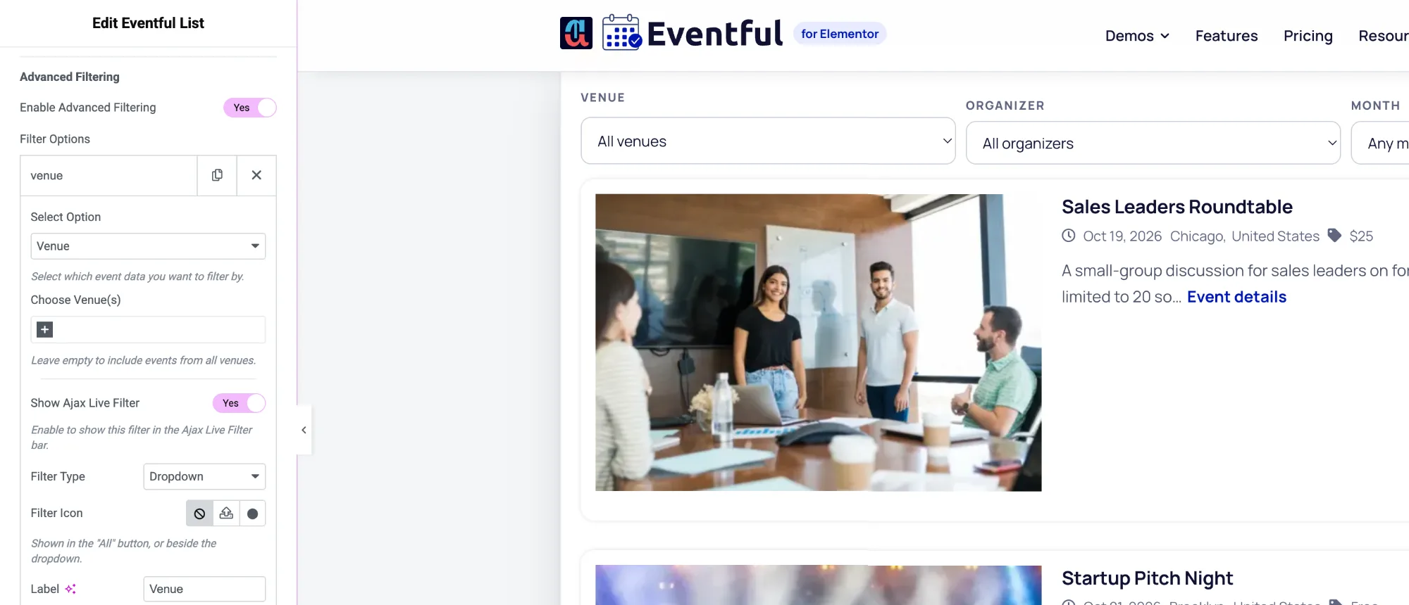 Eventful AJAX filter settings: a Venue filter row in Advanced Filtering