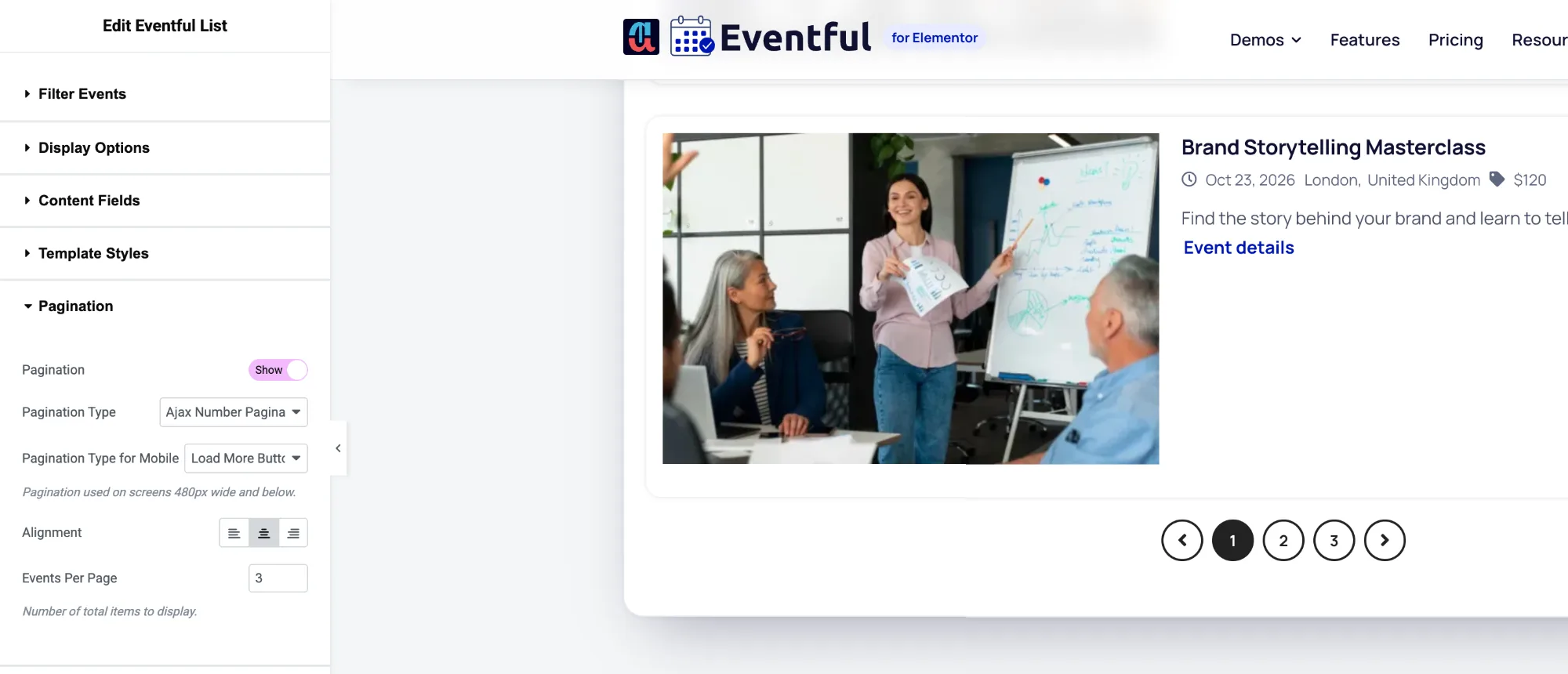 Eventful event pagination settings: Pagination Type and Events Per Page in Elementor