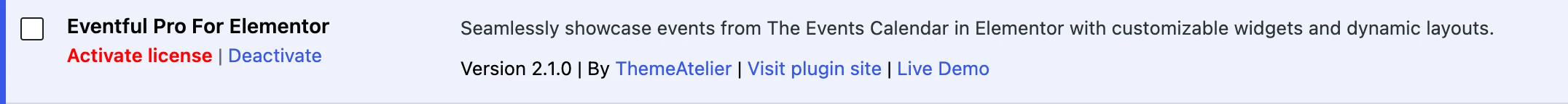 Eventful Pro for Elementor installed and active on the Plugins screen