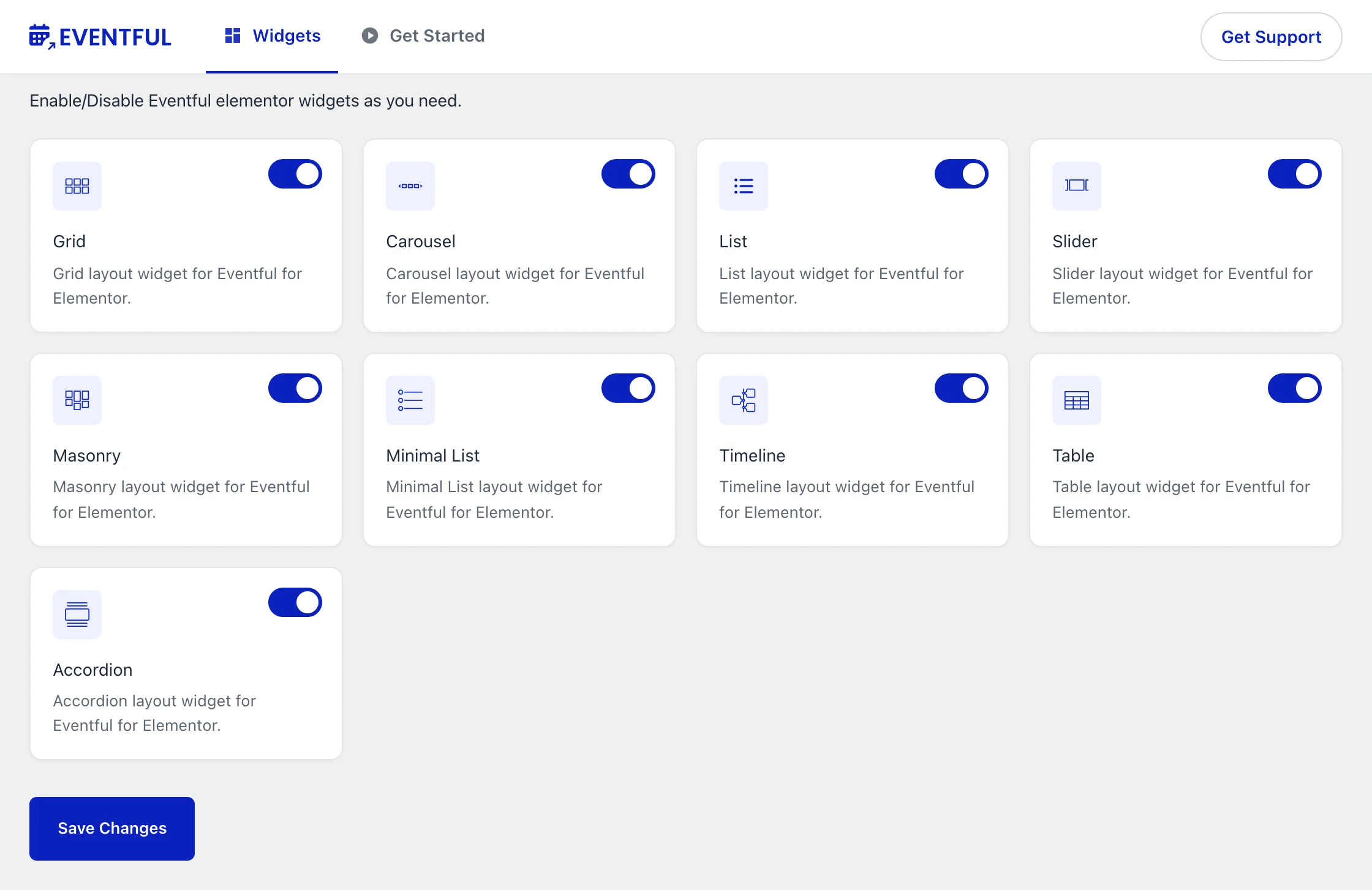 Turn Eventful widgets on or off on the Eventful For Elementor Widgets tab