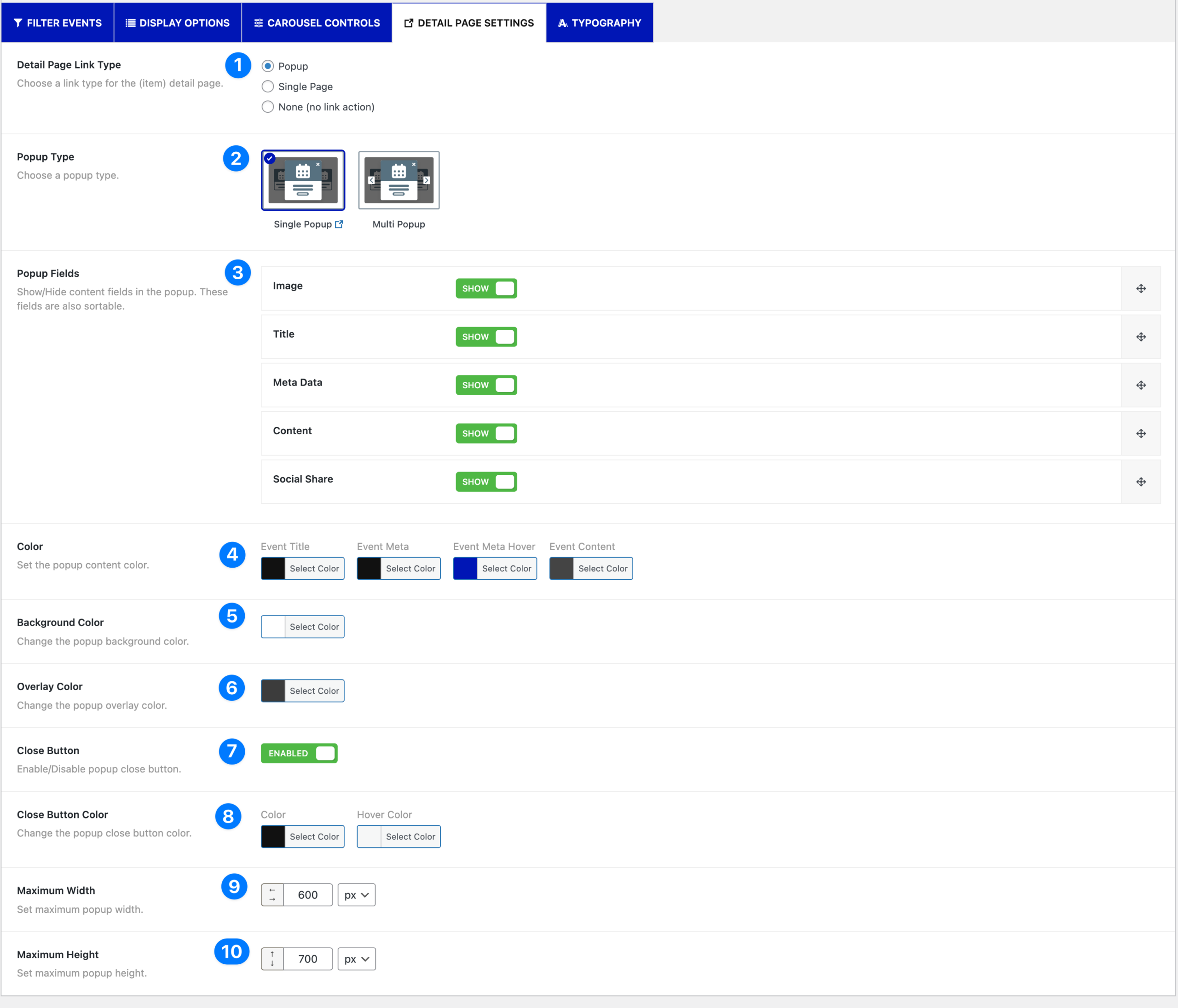 Eventful Detail Page Settings Popup