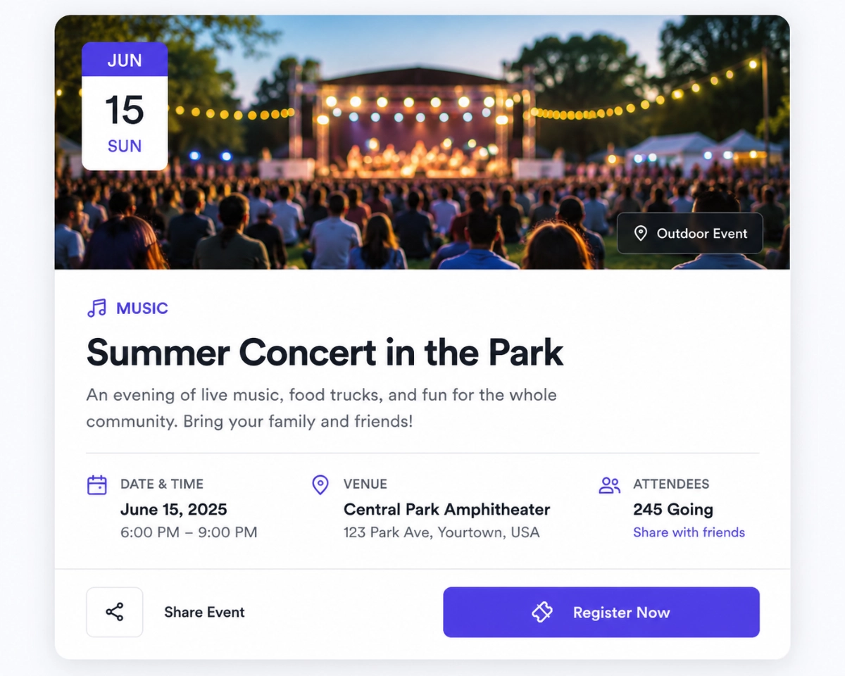 Close-up of a redesigned WordPress event card featuring a large image, bold event title, date, venue, and a visible register button.