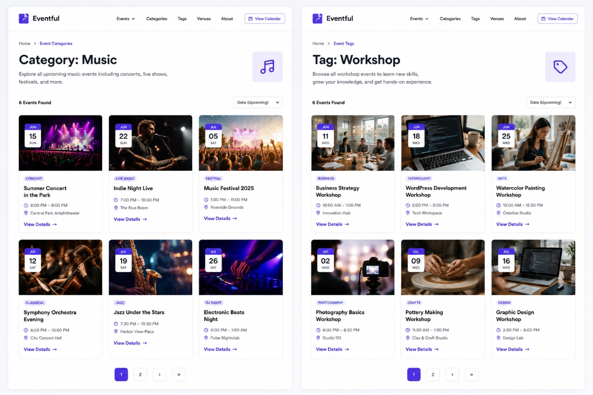Side-by-side view of an Events Calendar category page and tag page sharing the same grid layout and card design for visual consistency.