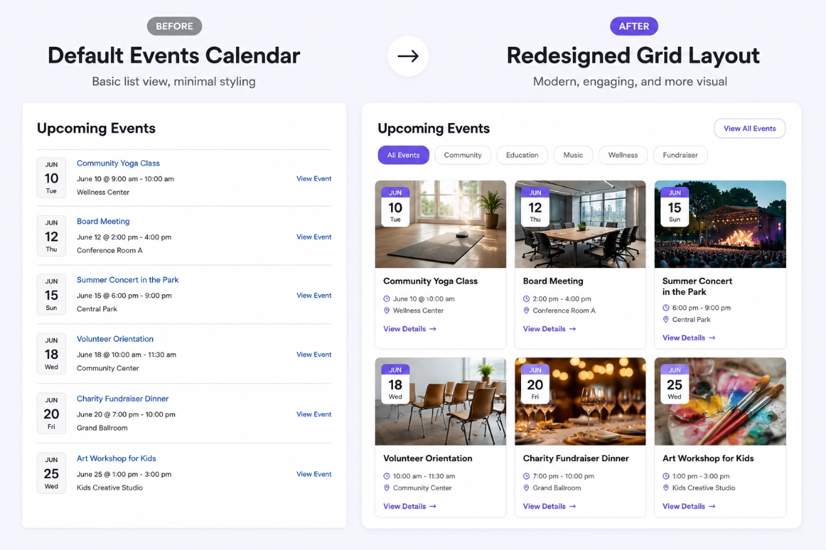 Split comparison of a default Events Calendar list view next to a redesigned grid layout, showing how much visual polish a layout change can add.