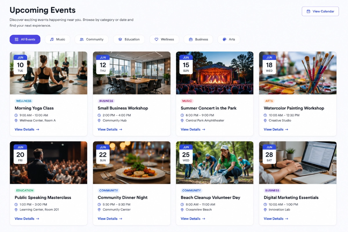 Grid layout showing multiple WordPress event cards arranged in even rows with consistent spacing, demonstrating a scannable events archive design.