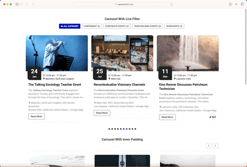 Event slider on a WordPress homepage displaying upcoming events with featured images and dates.