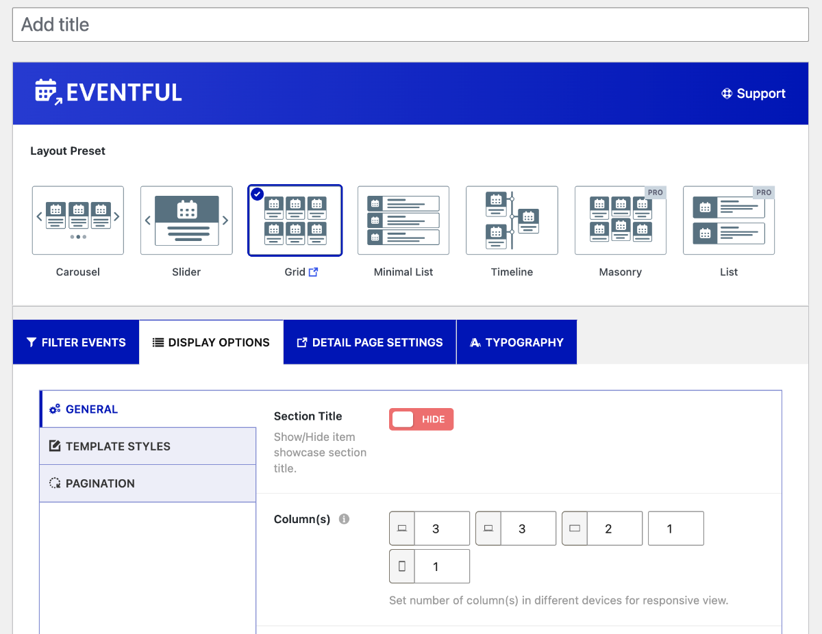 Eventful responsive grid settings with separate desktop, tablet, and mobile column controls.