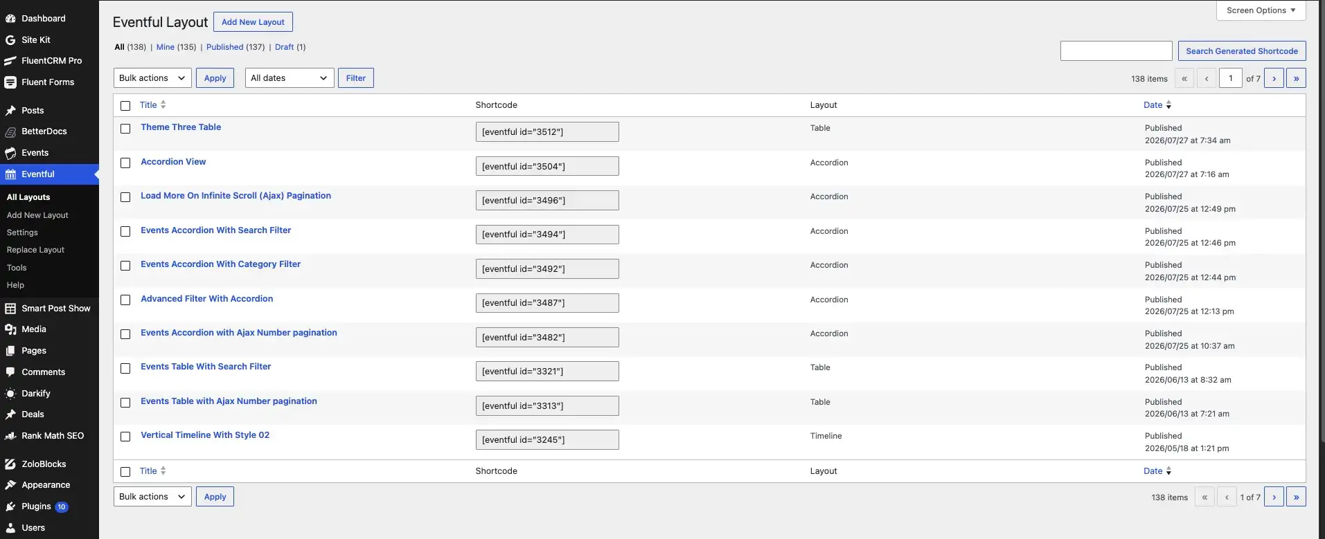 Eventful All Layouts screen in the WordPress admin with the Add New Layout button
