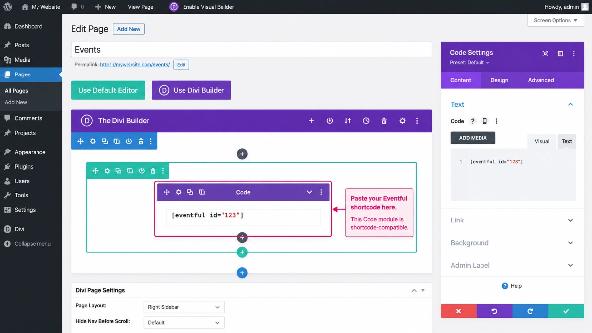 Divi Builder module containing an Eventful shortcode.