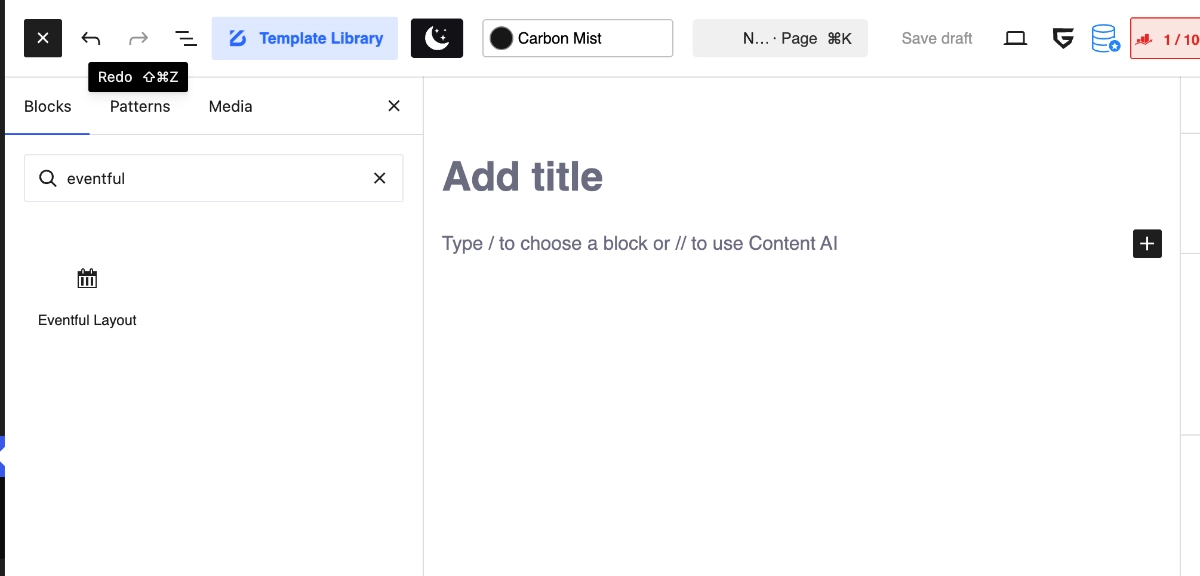 the events calendar gutenberg block inserter showing the Eventful Layout block.