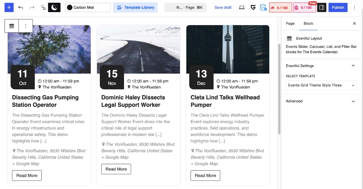 The Eventful Layout Gutenberg block placed on a WordPress page.