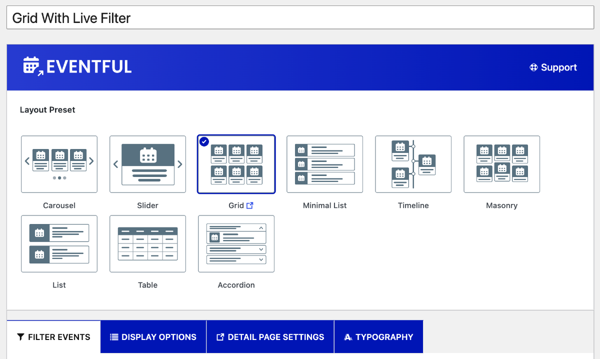 Eventful layout preset selection screen with the Grid preset highlighted.