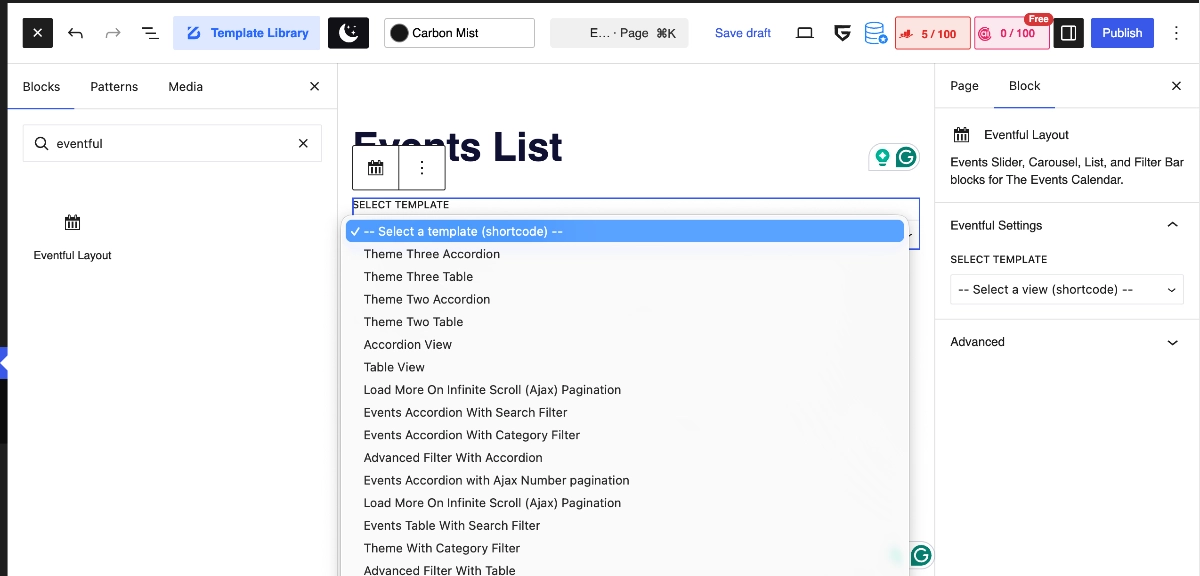 Eventful Layout block settings showing a published layout selected.
