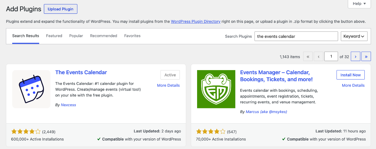 WordPress plugin search results showing The Events Calendar plugin card.