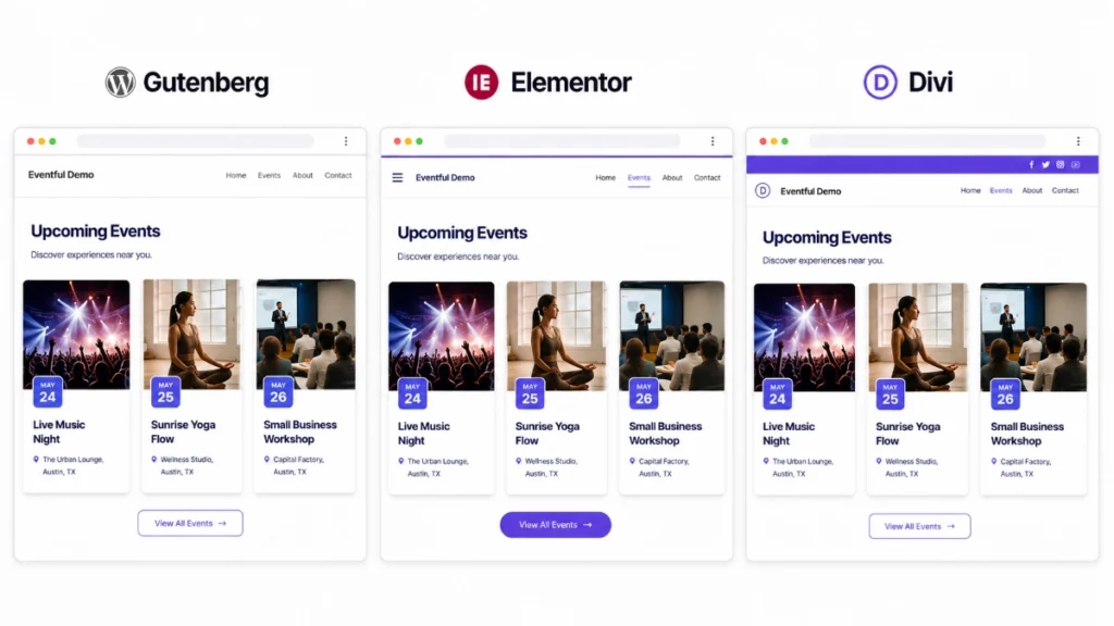 The same event layout displayed on three separate pages built with Gutenberg, Elementor, and Divi.
