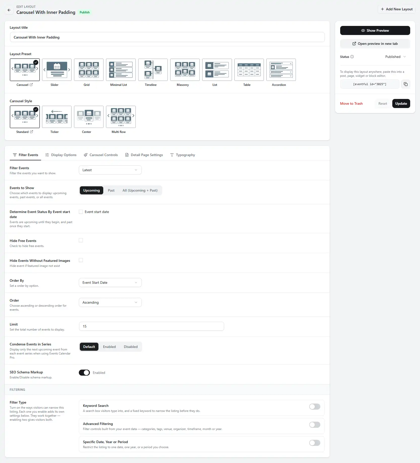 Eventful layout configuration screen in the WordPress admin dashboard