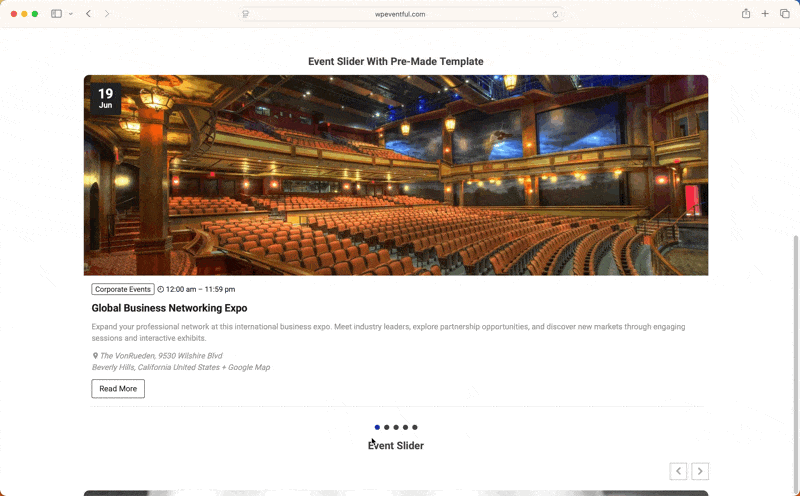 Nightlife event carousel on WordPress promoting upcoming club nights on a homepage