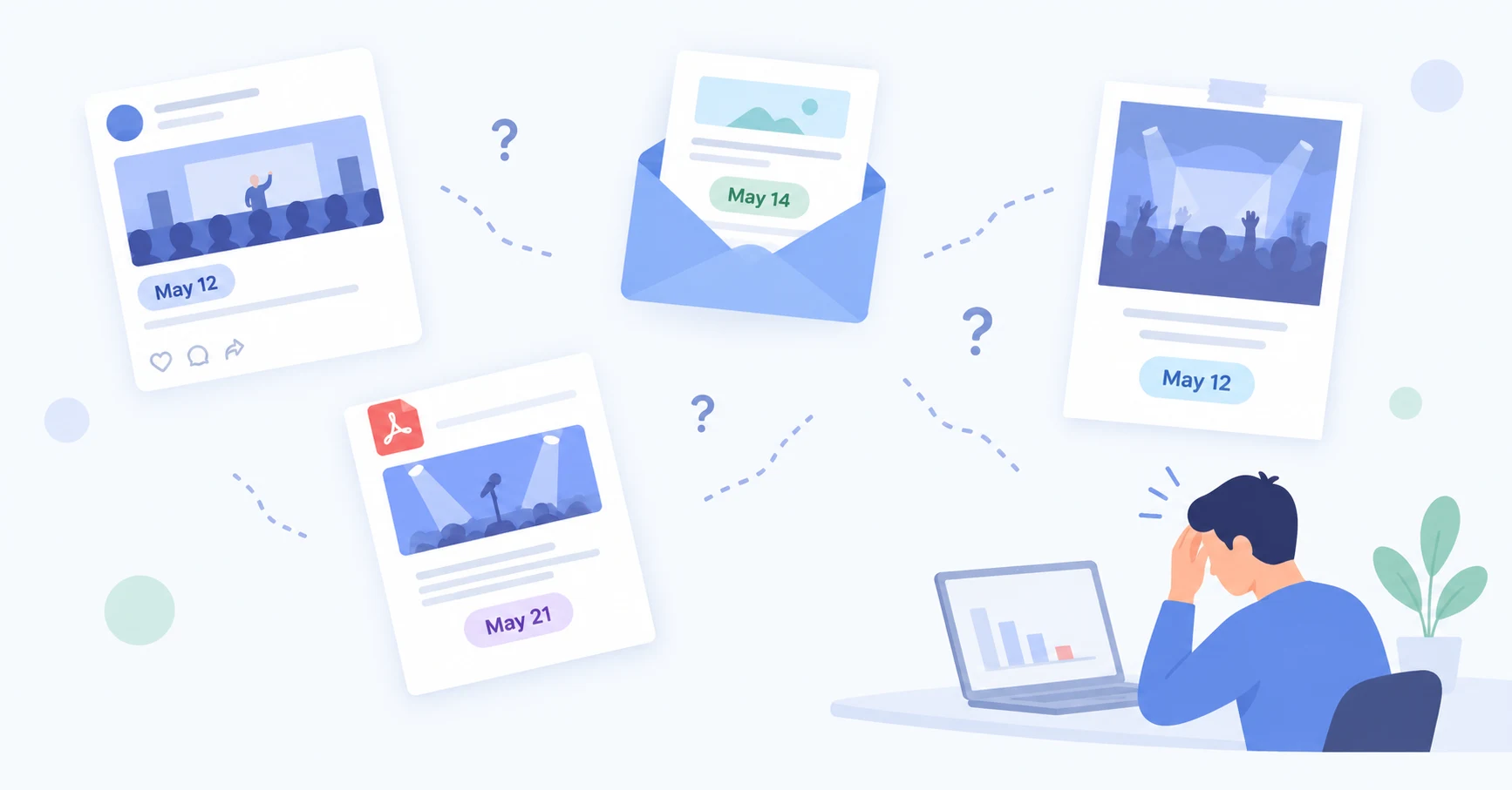 Scattered event promotion across social, email, and flyers with inconsistent details and no central page