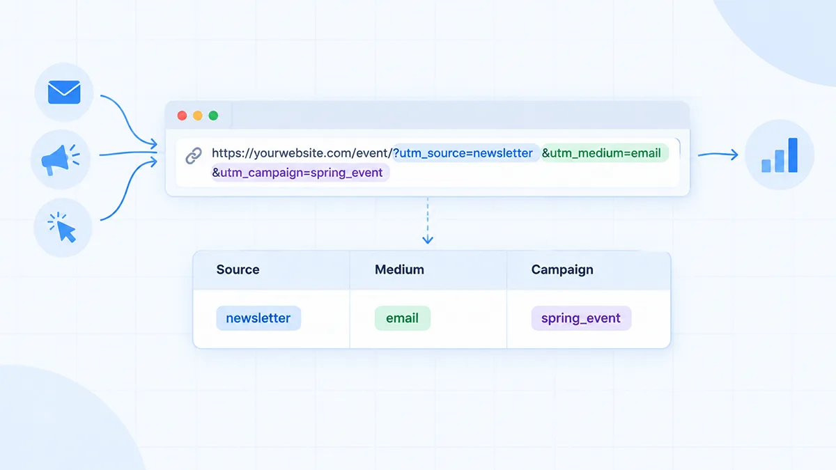 Illustrative UTM tracking example showing how a tagged link helps you promote events on your website and measure which channels work